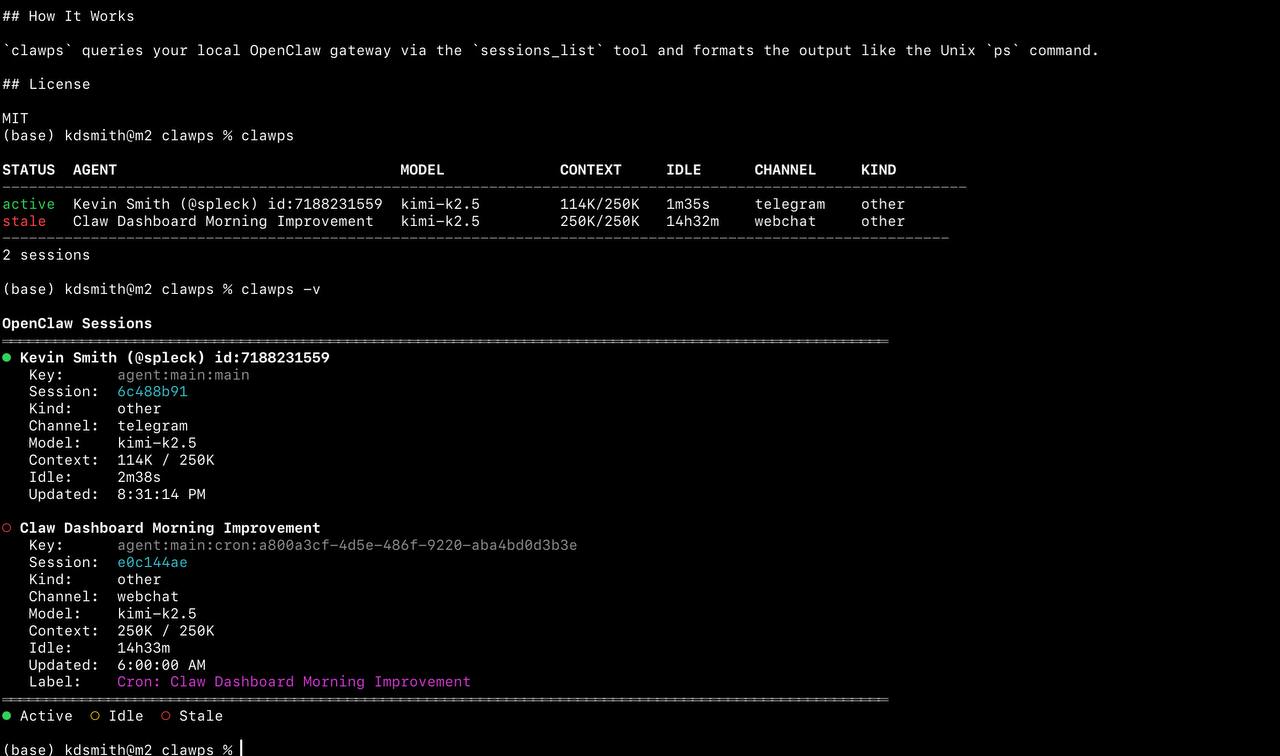 clawps terminal screenshot showing OpenClaw sessions